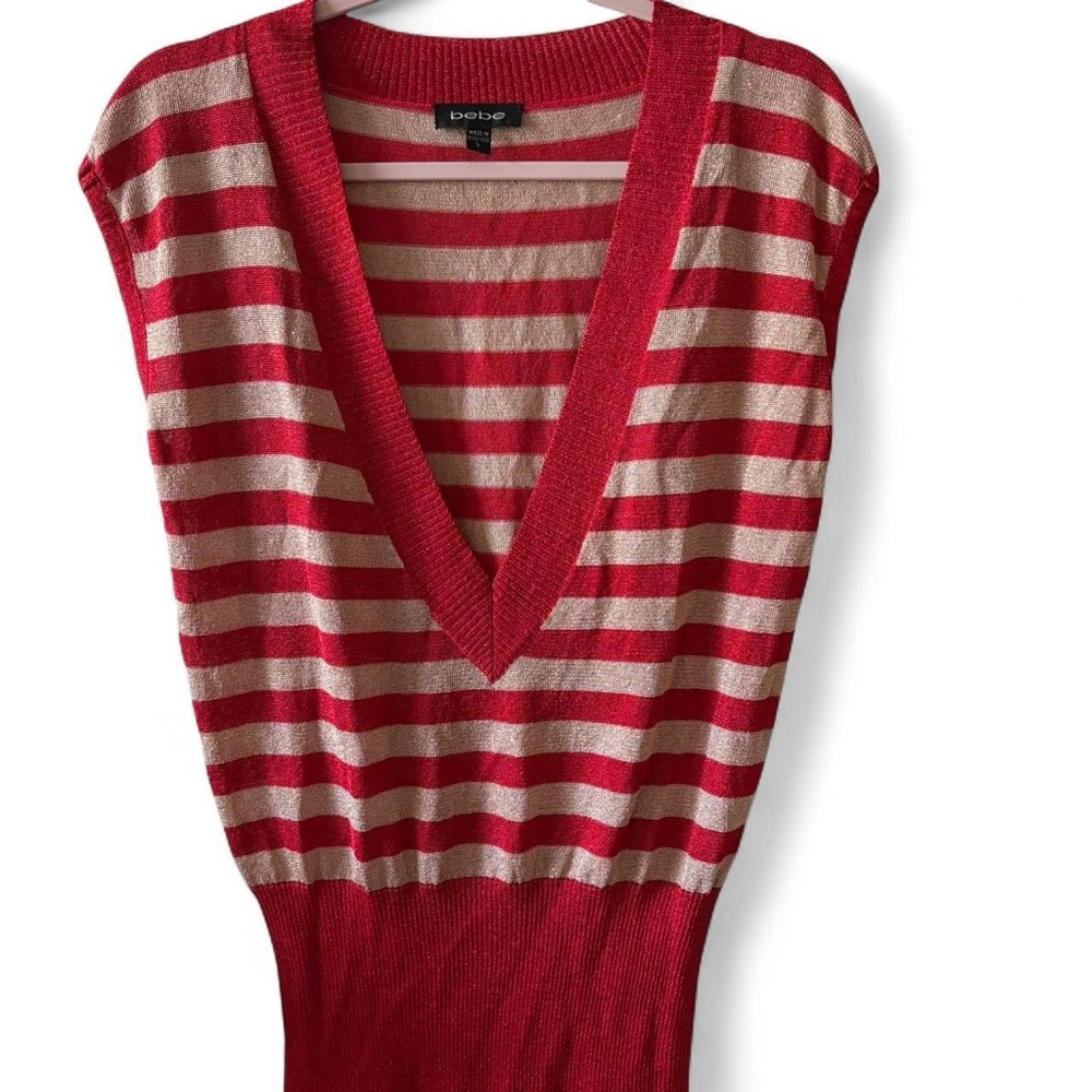 Bebe Striped V-Neck Top in Red and Cream
